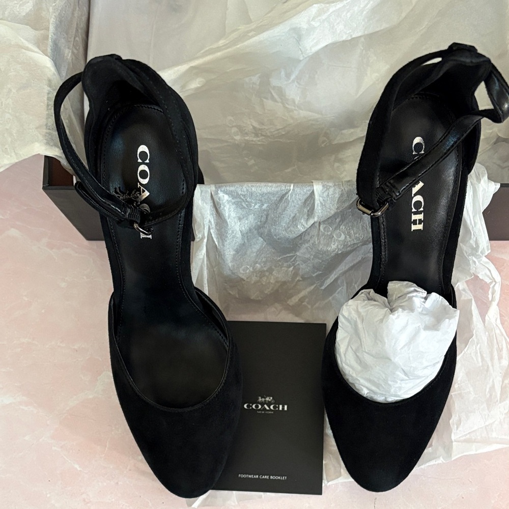 NIB Coach Chrystie Lux Suede Black Platform Ankle Strap Heels - Picture 7 of 16